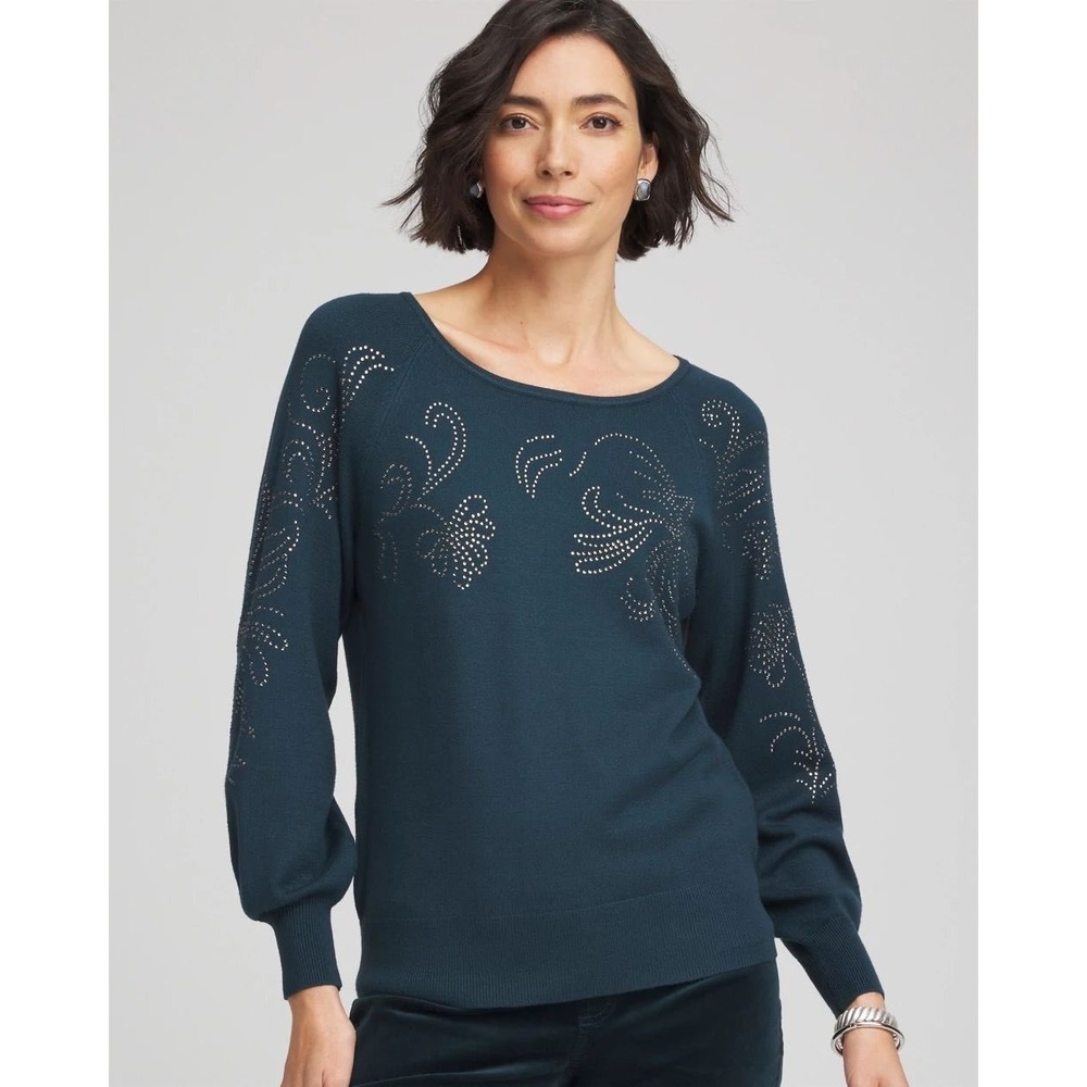 Chico's Heatset Embroidered Pullover Sweater Size 2 Large Teal Rhinestone Floral